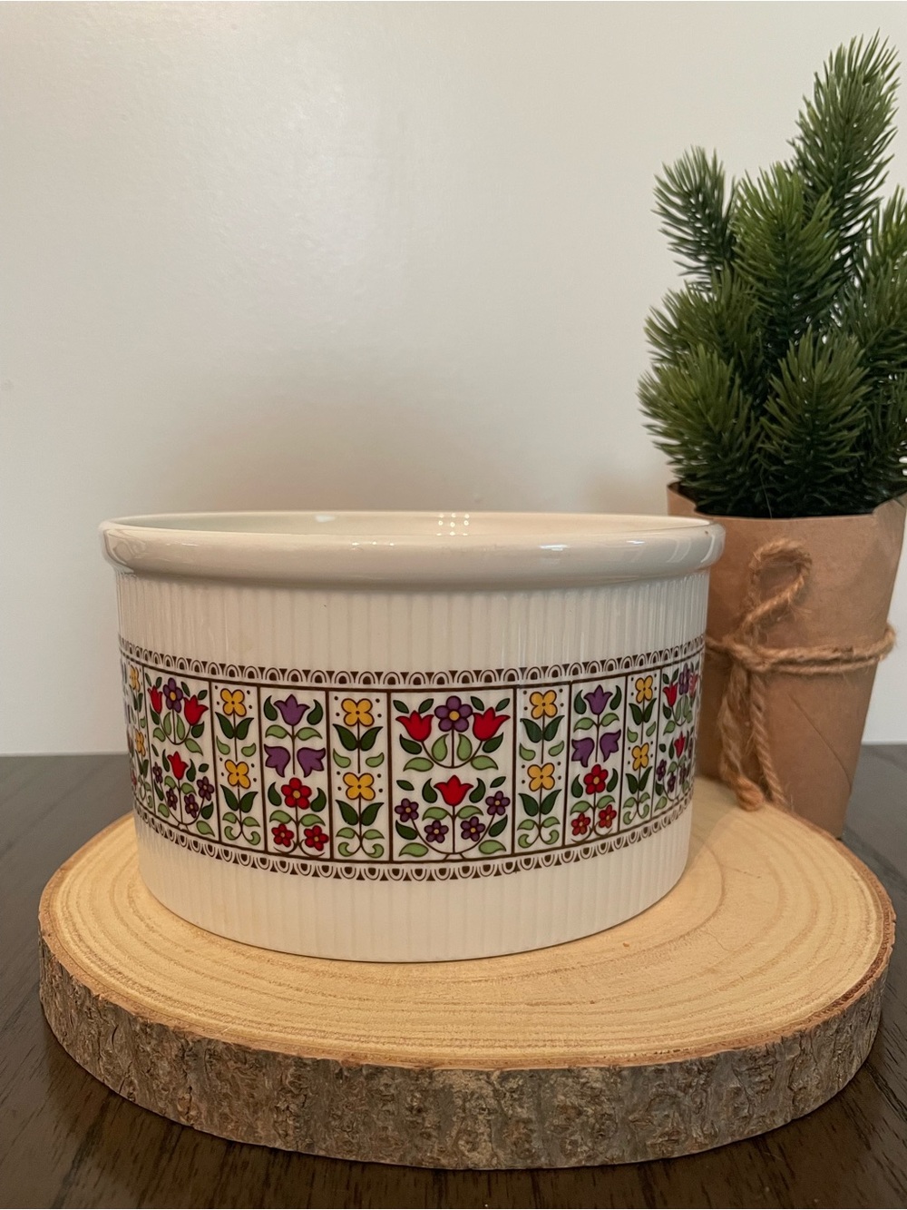 Vintage Cream Ceramic Planter with Multicolor Floral Band